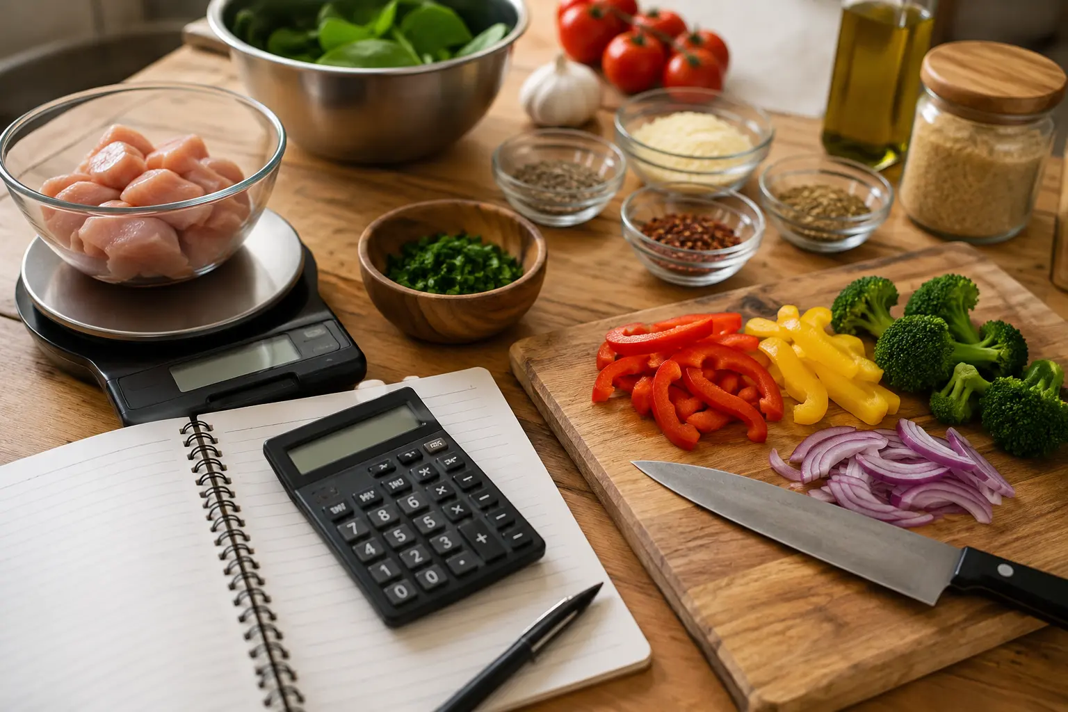 Kitchen Prep with Ingredients and Calculator