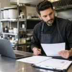 restaurant owner reviewing food distributor invoice to negotiate prices