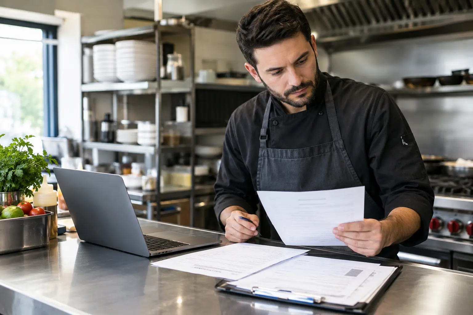 restaurant owner reviewing food distributor invoice to negotiate prices