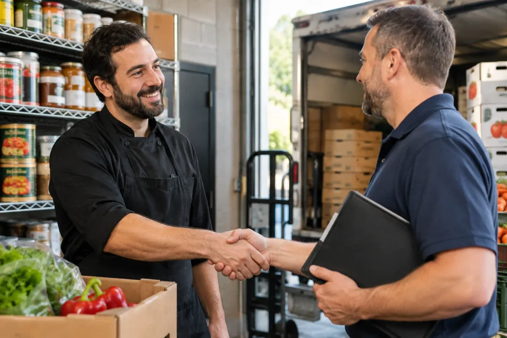 Restaurant owner meeting with regional food distributor representative