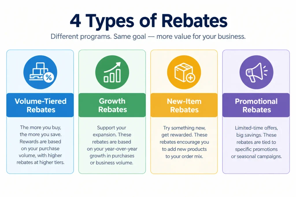 Four types of manufacturer rebates in foodservice: volume, growth, new-item, and promotional