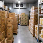 Restaurant walk-in storage stocked with wholesale food distributor cases