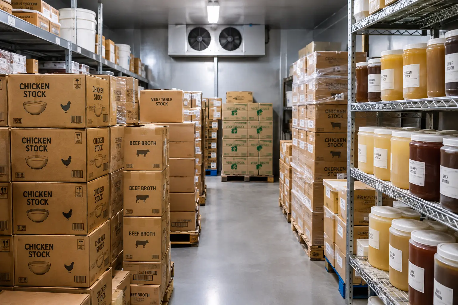 Restaurant walk-in storage stocked with wholesale food distributor cases