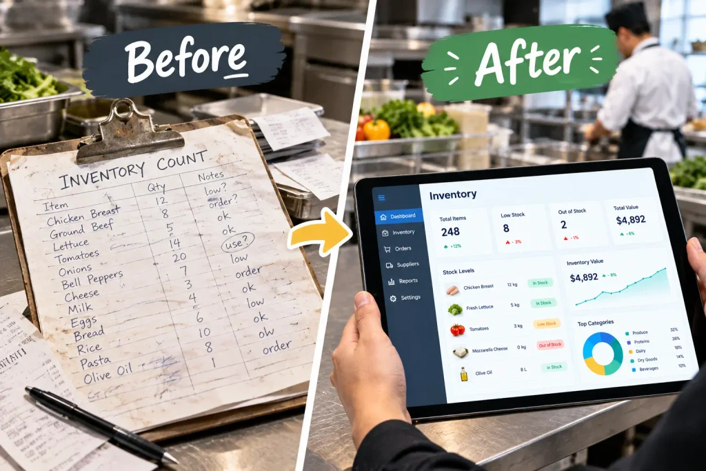 Manual paper inventory count versus restaurant inventory software dashboard