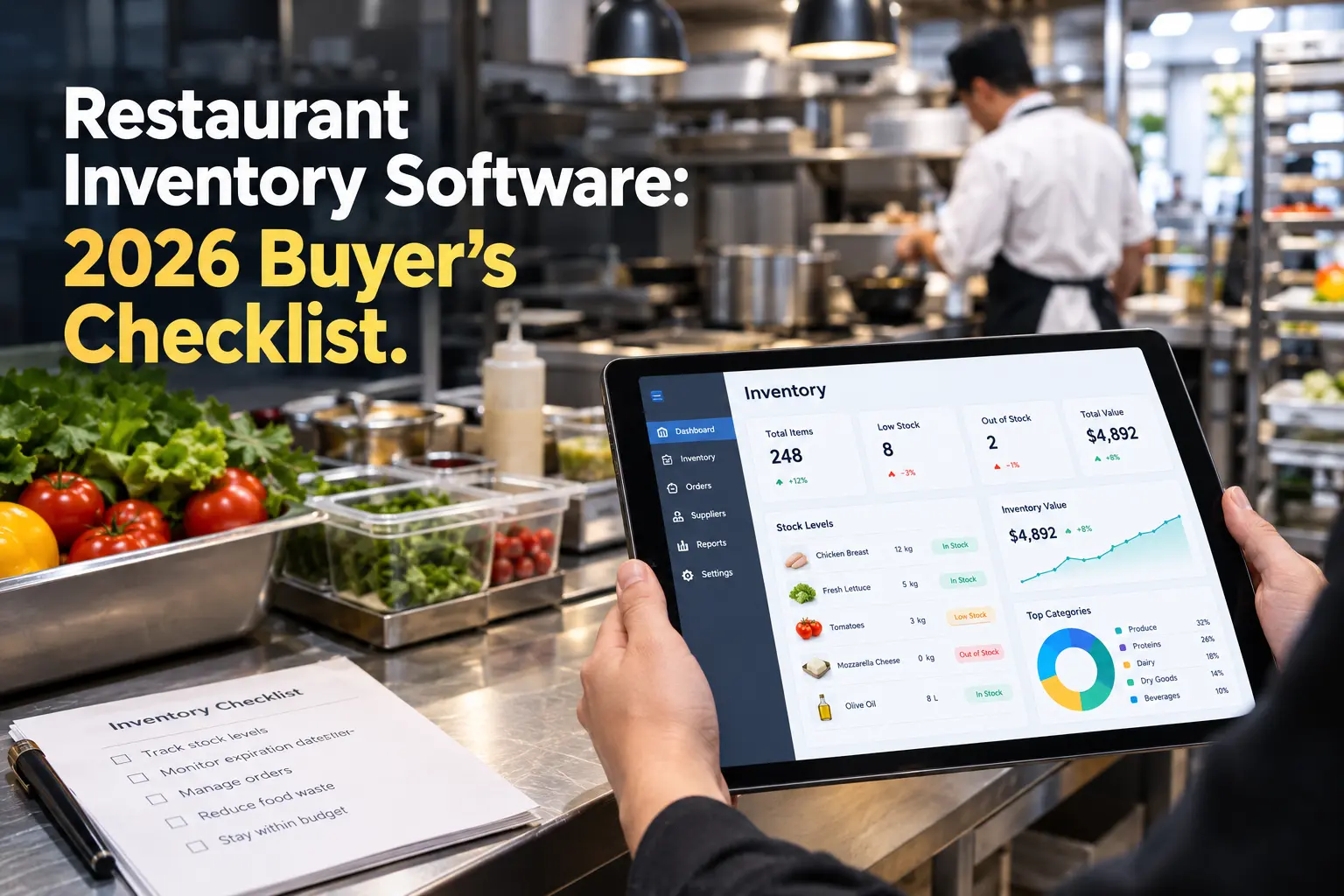 Chef using a tablet to compare restaurant inventory management software in a commercial kitchen