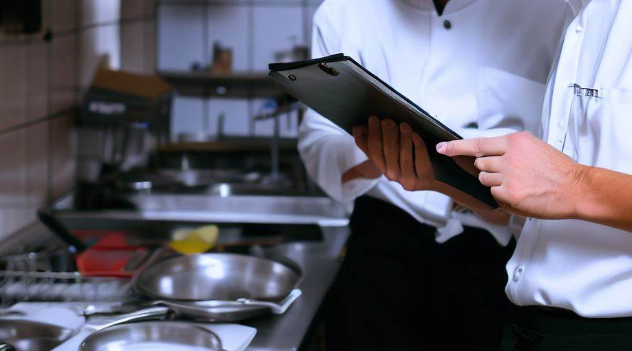 Kitchen staff auditing a food delivery against the invoice to prevent restaurant procurement mistakes