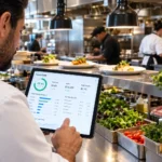 Restaurant owner checking food cost software on a tablet in a commercial kitchen
