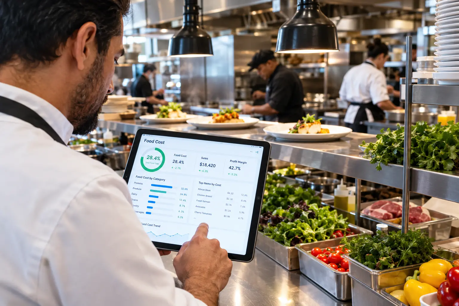 Restaurant owner checking food cost software on a tablet in a commercial kitchen