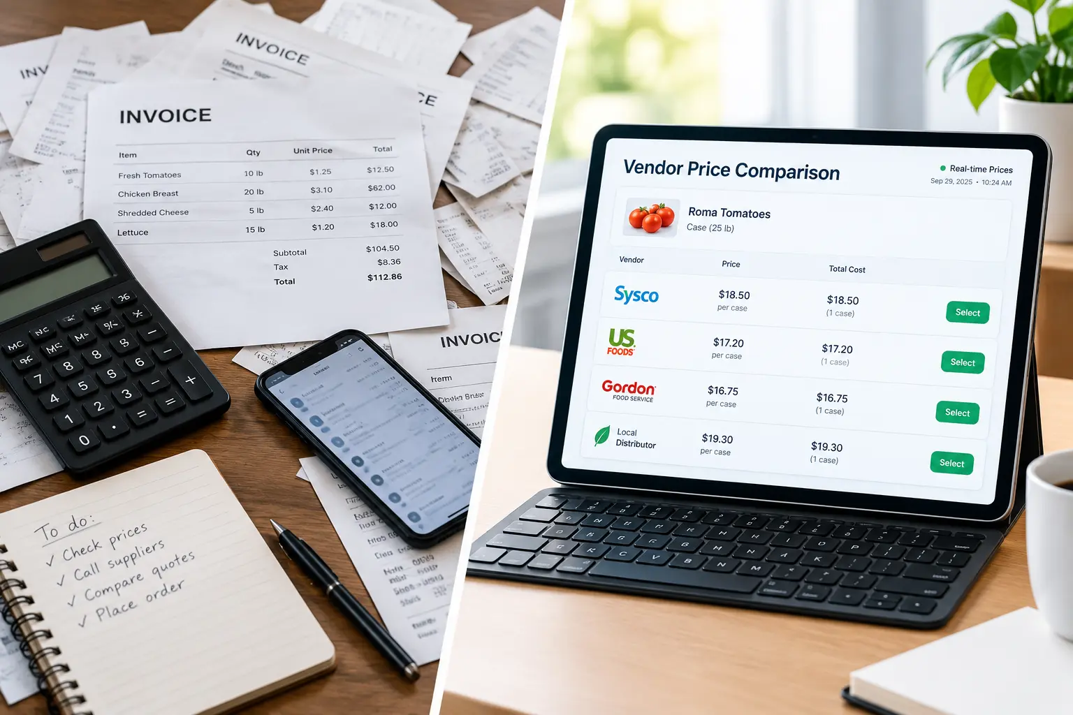 Restaurant manager using supplier price comparison on a tablet instead of paper invoices