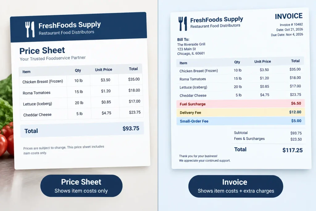 Price sheet compared with final invoice showing added distributor charges