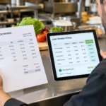 Restaurant owner comparing a distributor invoice against live vendor prices on a tablet