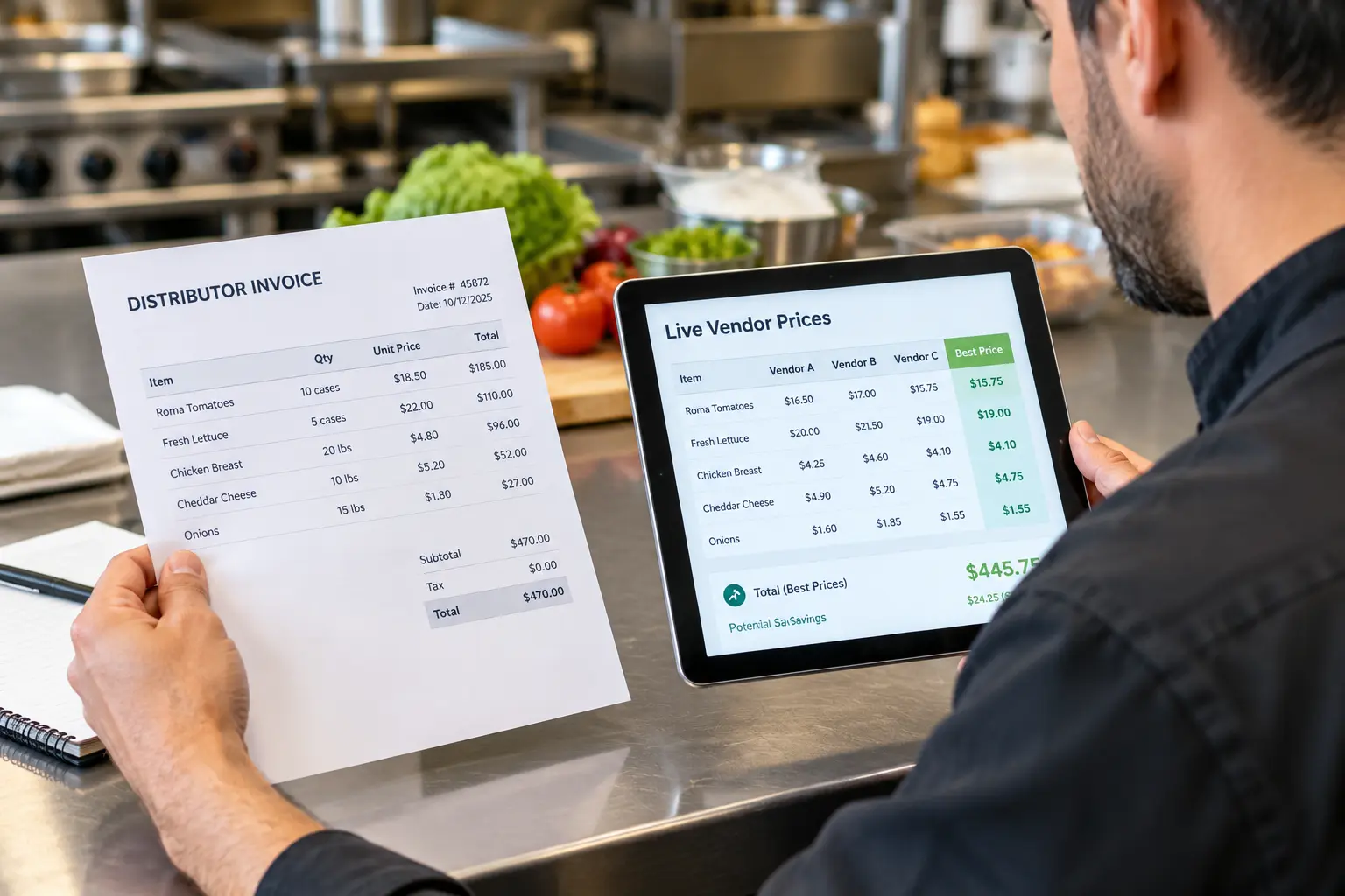 Restaurant owner comparing a distributor invoice against live vendor prices on a tablet